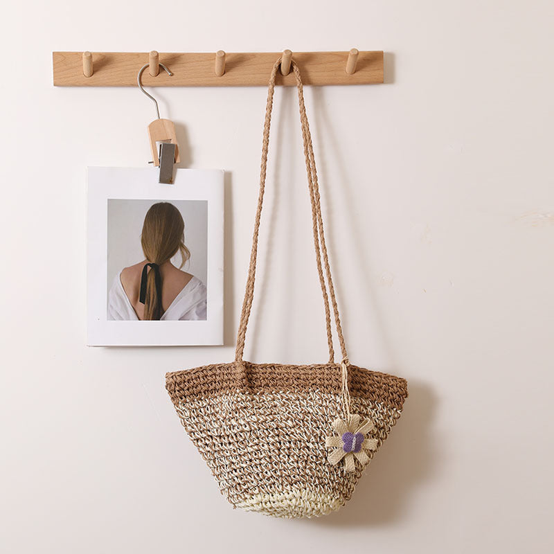 Fresh Floral Straw Bag Niche Gradient Color Straw Bag Woven Bag Vacation Beach Bag Shoulder Bag
