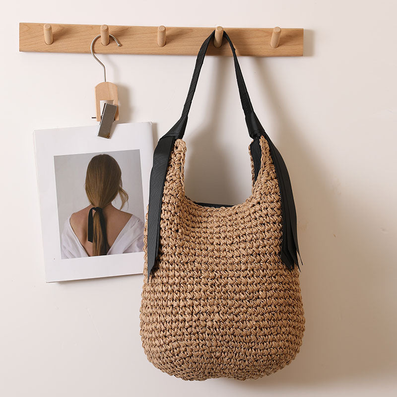 Ribbon Shoulder Straw Bag Large Capacity Solid Color Woven Bag Seaside Vacation Beach Bag Straw Bag