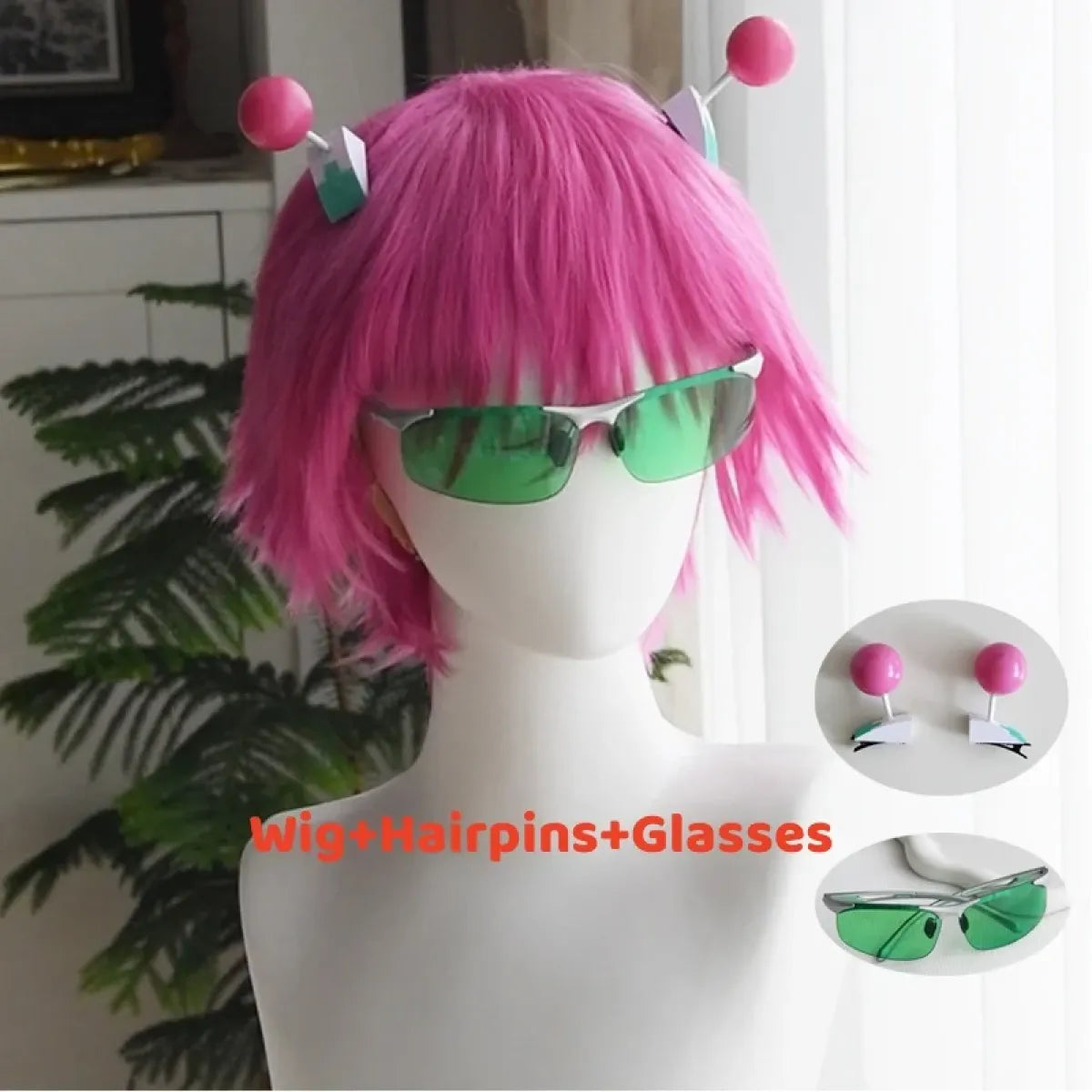 Saiki Kusuo Cosplay Wig – Pink Wig with Hairpins & Green Glasses Set