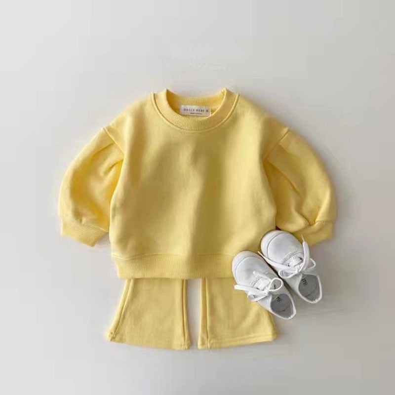 Autumn Baby Kids Unisex Casual Solid Color Long Sleeves Pullover and Flared Pants Clothing Set