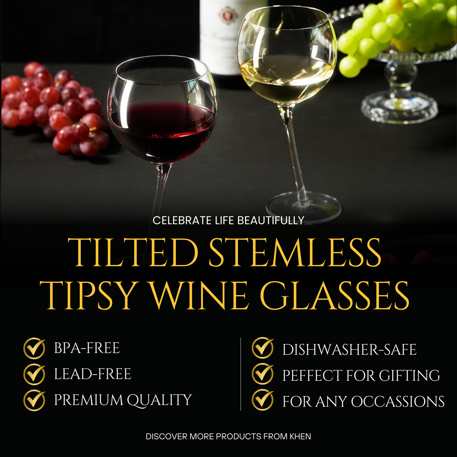 Tipsy Wine Glasses Set of 2 - 15.5OZ Unique Tilted Stemless Wine Glasses for Red or White Wine - Funny Novelty Drinkware for Parties, Bars, and Home Gift Idea - Lead-Free, Dishwasher Safe Glassware-1