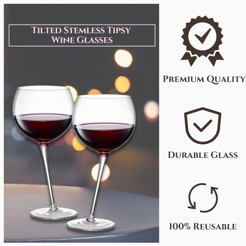 Tipsy Wine Glasses Set of 2 - 15.5OZ Unique Tilted Stemless Wine Glasses for Red or White Wine - Funny Novelty Drinkware for Parties, Bars, and Home Gift Idea - Lead-Free, Dishwasher Safe Glassware-2