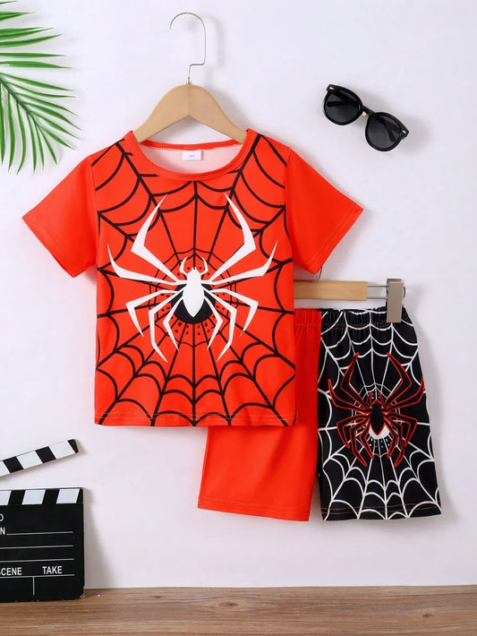 Children's Spider Round Neck Short Sleeve T-Shirt and Pants Set