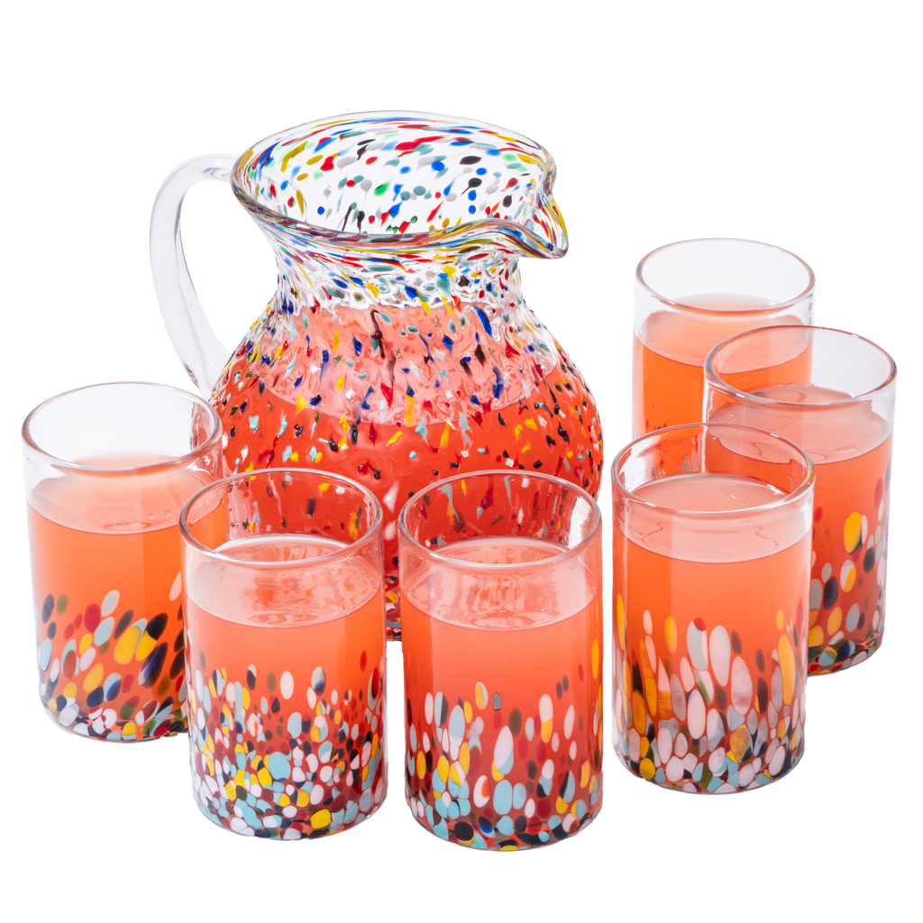Hand Blown Mexican Confetti Pitcher & Glasses Set - 7 Piece