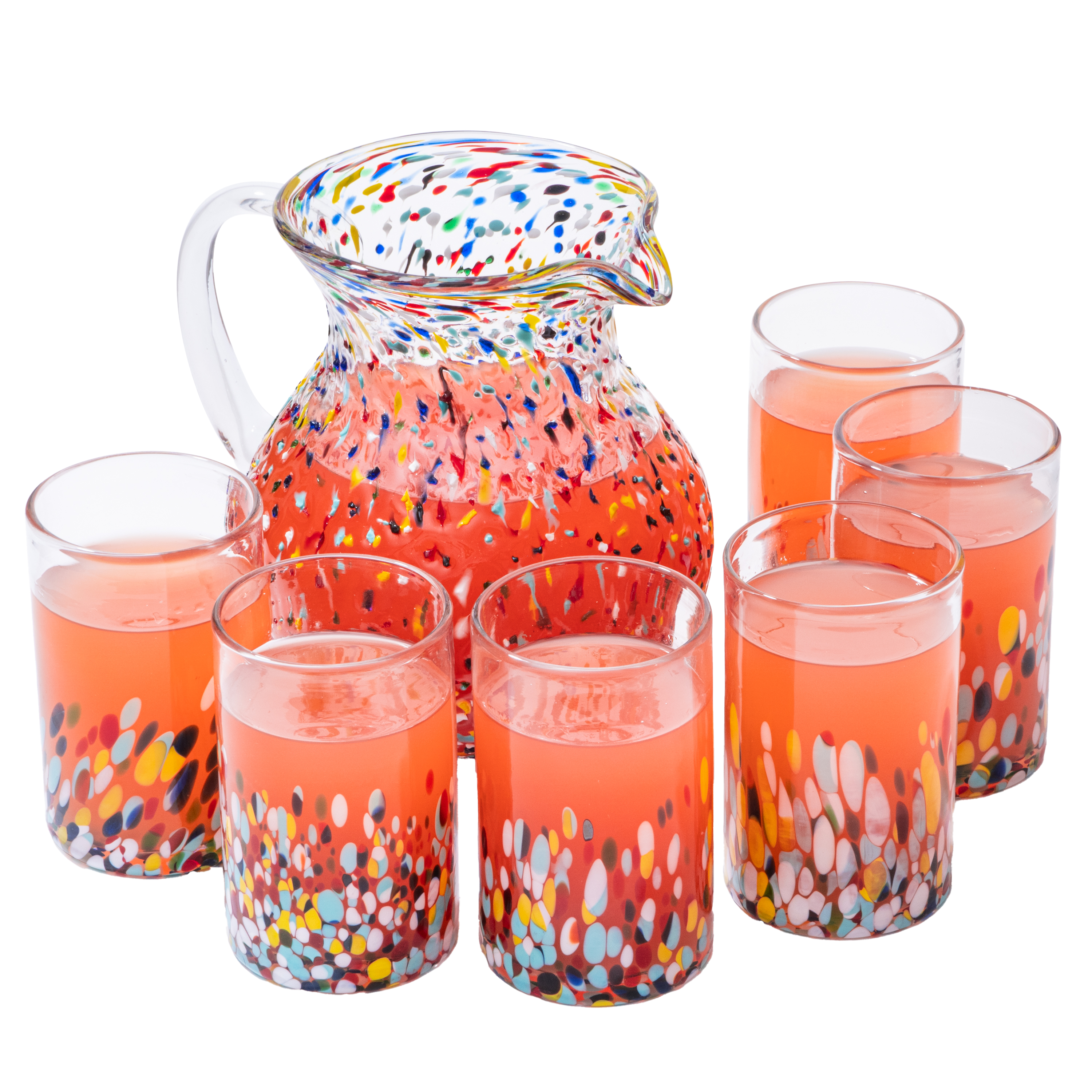 Hand Blown Mexican Confetti Pitcher & Glasses Set - 7 Piece