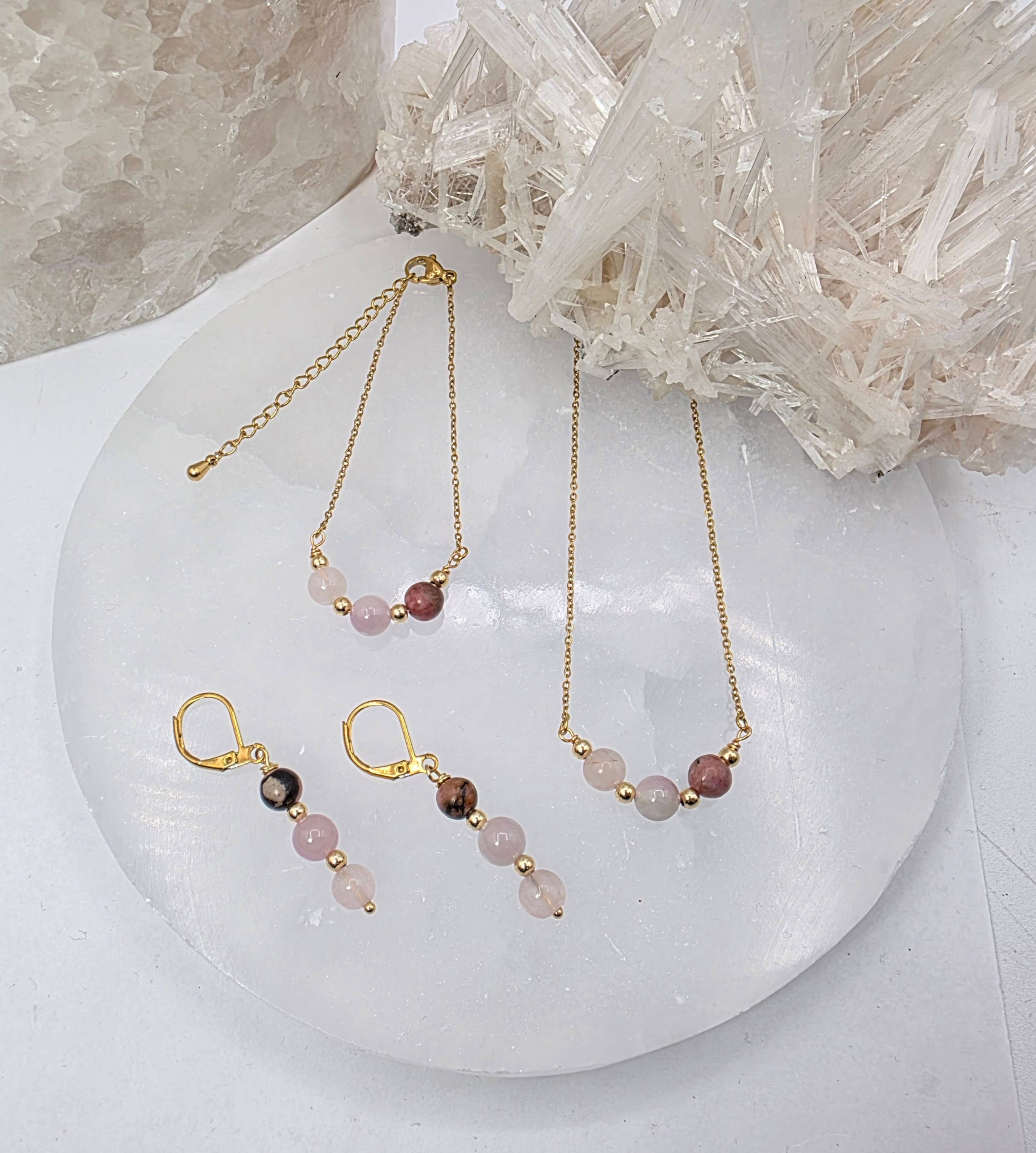 I AM ENOUGH -Kunzite, Rose Quartz, Rhodonite Gem Jewelry Set