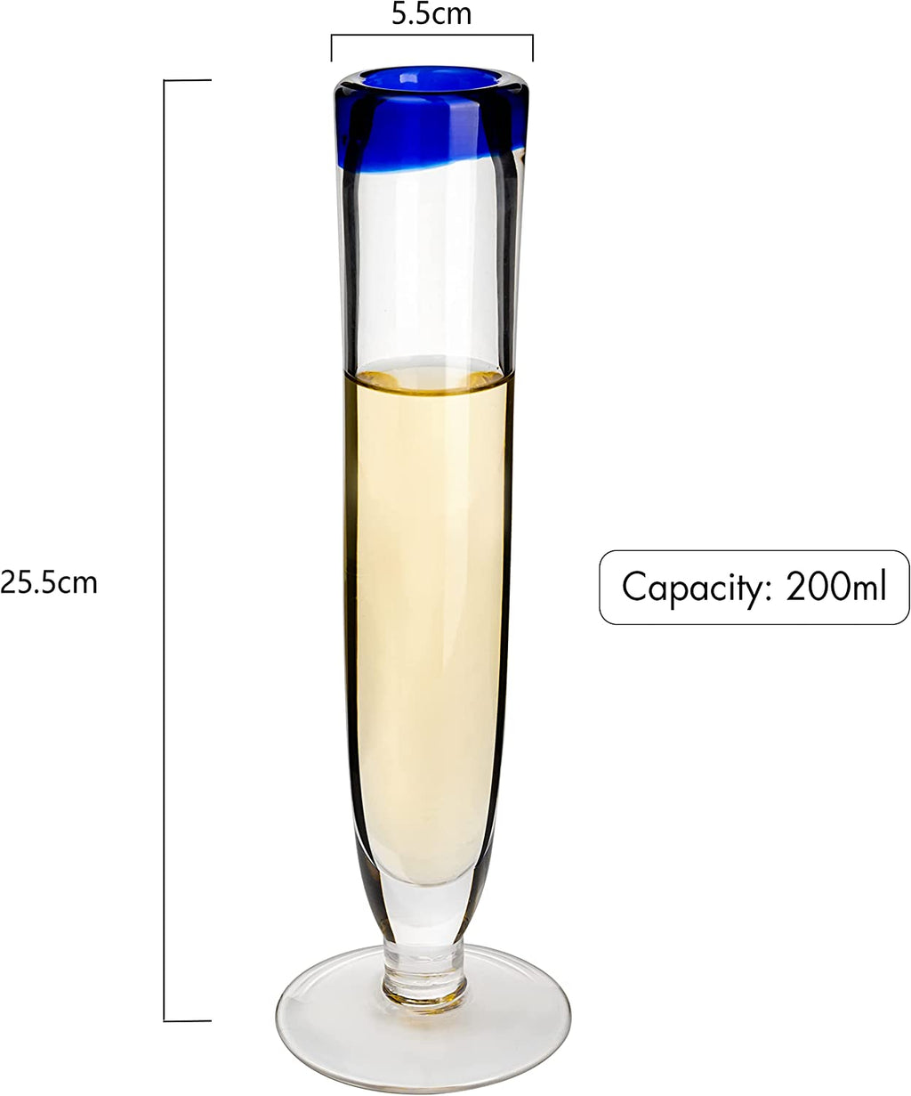 Tall Recycled Champagne Flutes - Set of 4 - Mexican Hand Blown Cobalt Blue Rim Flute – Luxury Mexican Thick Glassware 7oz, Juice & Cocktail Drinking Glass Holiday Celebration, Weddings, Anniversary
