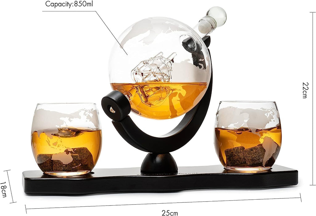 Globe Whiskey Decanter Set with 2 Etched Glasses - 850ml