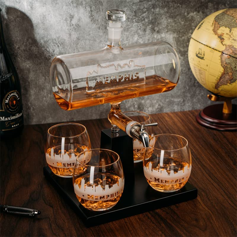 Whiskey Decanter Set with 4 Glasses - 1100ml Barrel Design
