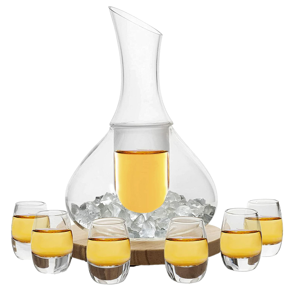 Sake Set Glasses Japanese, 15 Ounce, With 6-1oz Crystal Saki Cups Set, for Warmer or Cold Japanese Wine Drinking with a Wooden Stone Coaster by The Wine Savant, Cups & Carafe Japanese Gifts Set-0