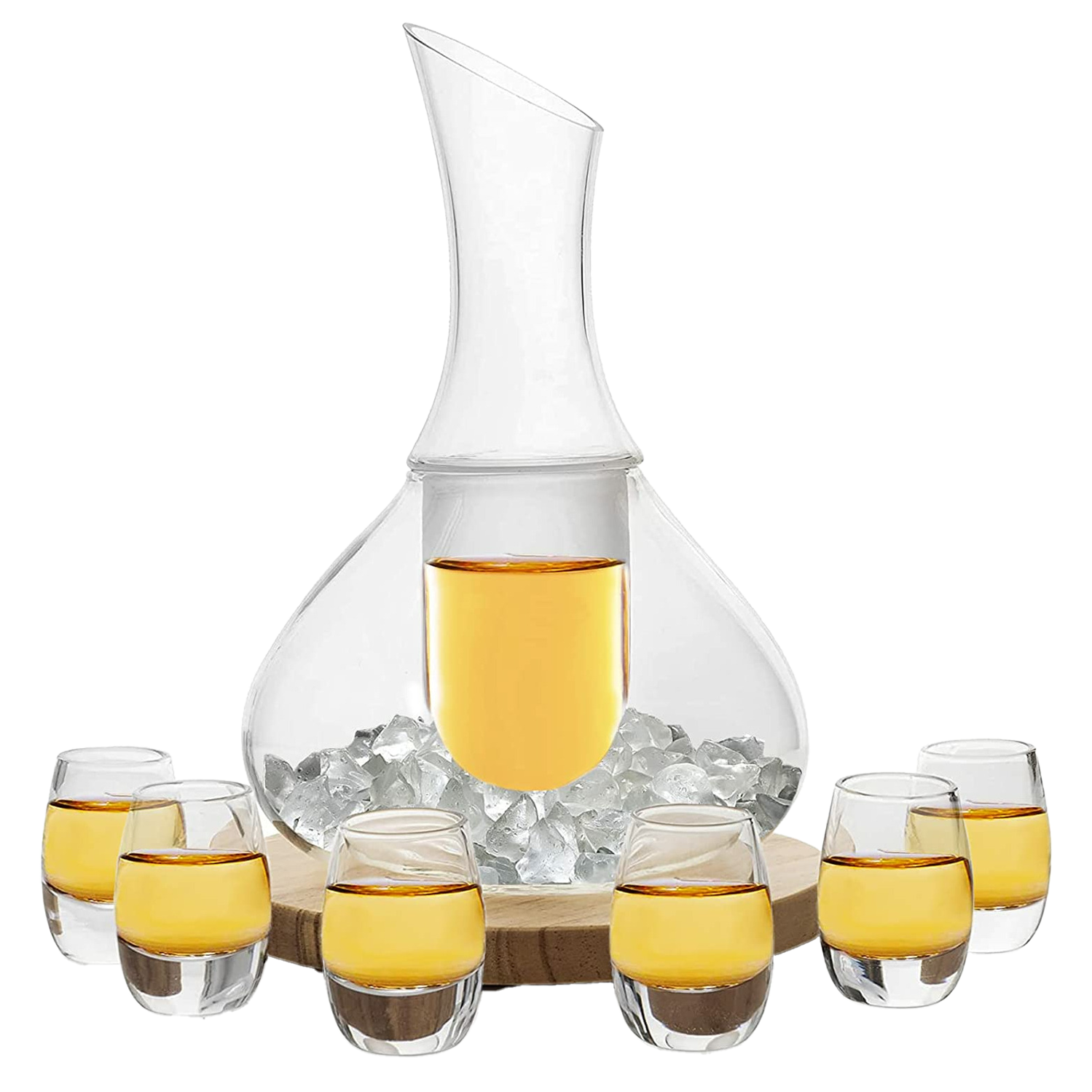 Sake Set Glasses Japanese, 15 Ounce, With 6-1oz Crystal Saki Cups Set, for Warmer or Cold Japanese Wine Drinking with a Wooden Stone Coaster by The Wine Savant, Cups & Carafe Japanese Gifts Set-0