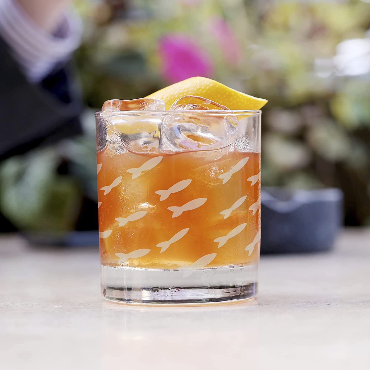 Fish Etched Old Fashioned Whiskey Glasses Set - Sand Etched Barware