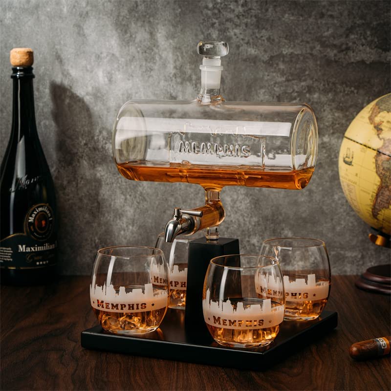 Whiskey Decanter Set with 4 Glasses - 1100ml Barrel Design