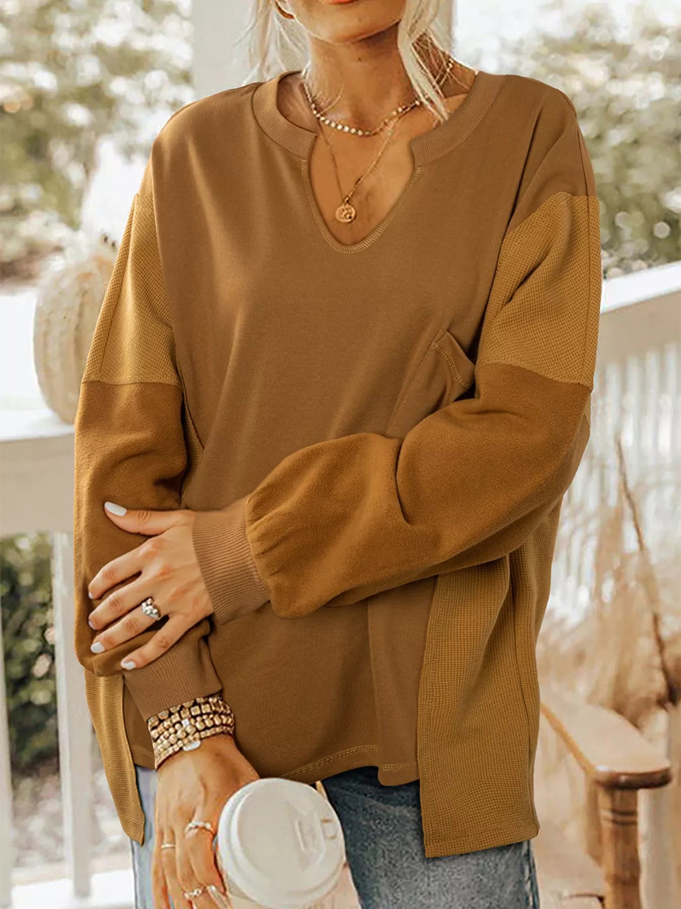 Oversized Textured Split Neck High Low Sweatshirt