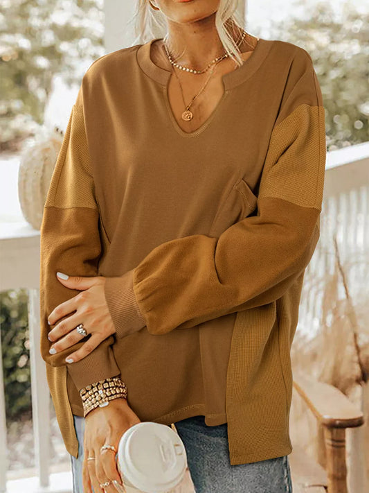 Oversized Textured Split Neck High Low Sweatshirt