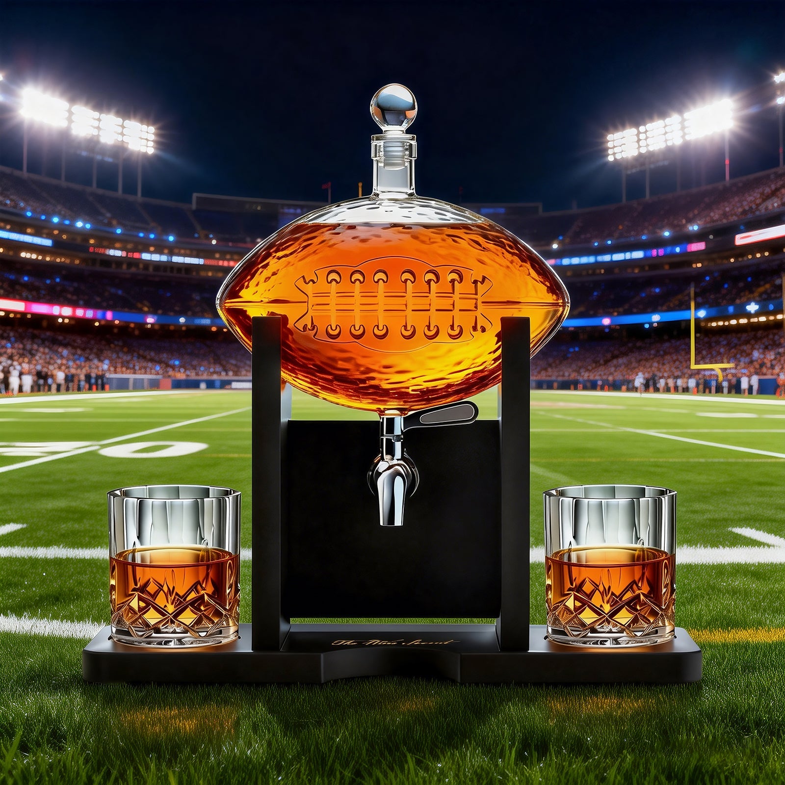 The Wine Savant Football Gifts for Men Dad - Decanter with Mahogany Holder Field Goal Holder + 4 Glasses & Footballs Chillers - Birthday Bar from Daughter Son, Retirement, Father, Him Brother