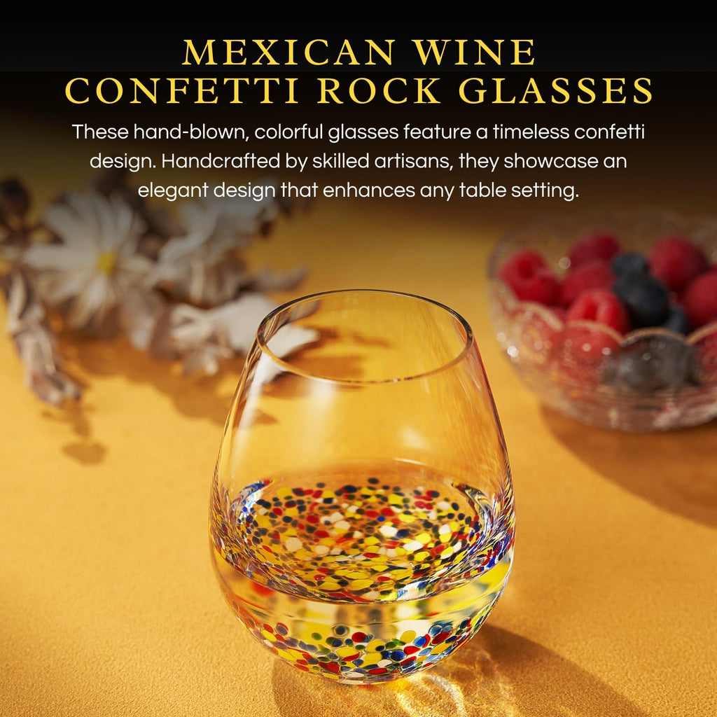 Large Stemless Wine Glasses – Set of 2-14oz Luxury Hand Blown Confetti Margaritas, Martini, Cocktails, Water, Wine, Dessert & Champagne Glasses Cinco de Mayo, Hand Blown - Mexican Confetti Glass-2