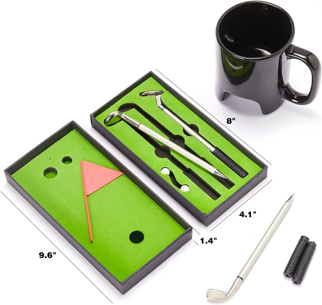 Golf Pen & Putter Mug Gift Set – Mini Golf Desk Game for Men, Dad, Grandpa, or Boyfriend – Great Father's Day Gift Idea – Includes Club Pens, 2 Balls & 14oz Ceramic Cup