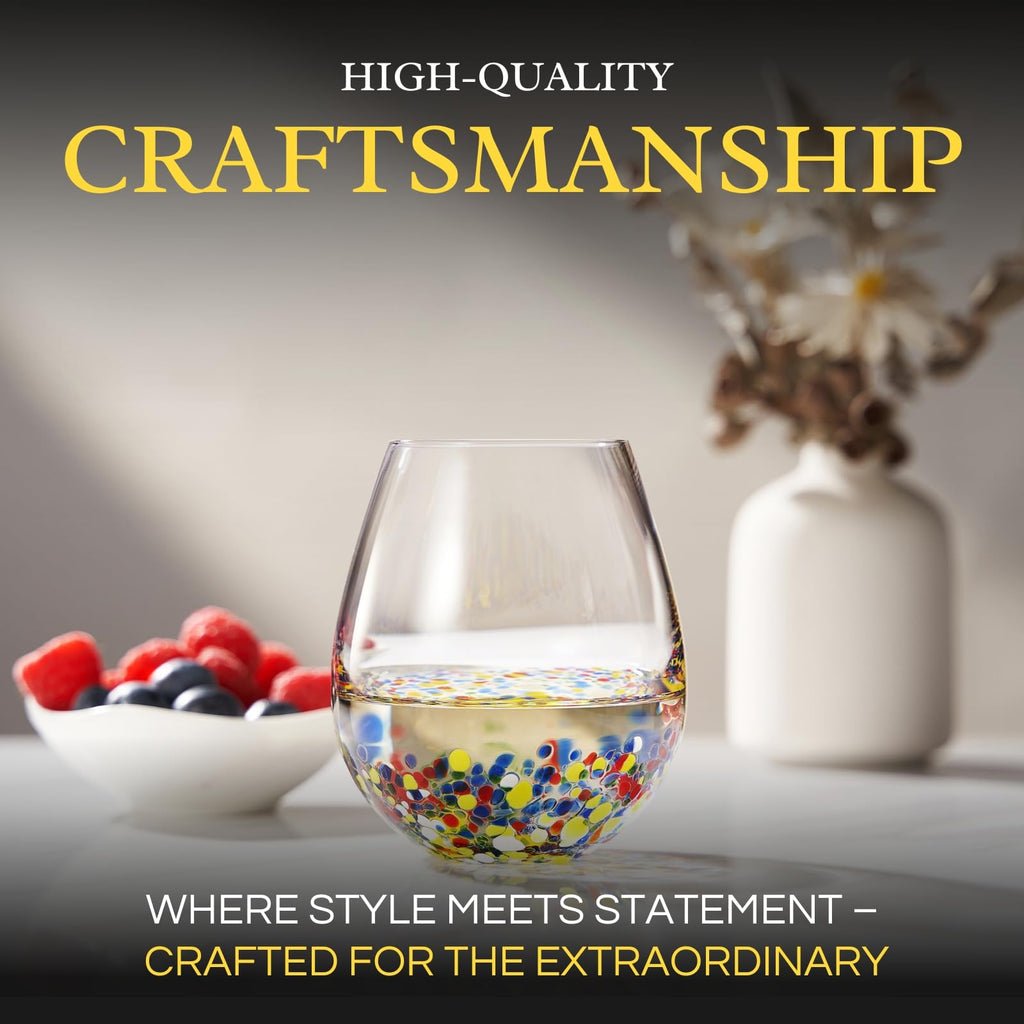 Large Stemless Wine Glasses – Set of 2-14oz Luxury Hand Blown Confetti Margaritas, Martini, Cocktails, Water, Wine, Dessert & Champagne Glasses Cinco de Mayo, Hand Blown - Mexican Confetti Glass-4