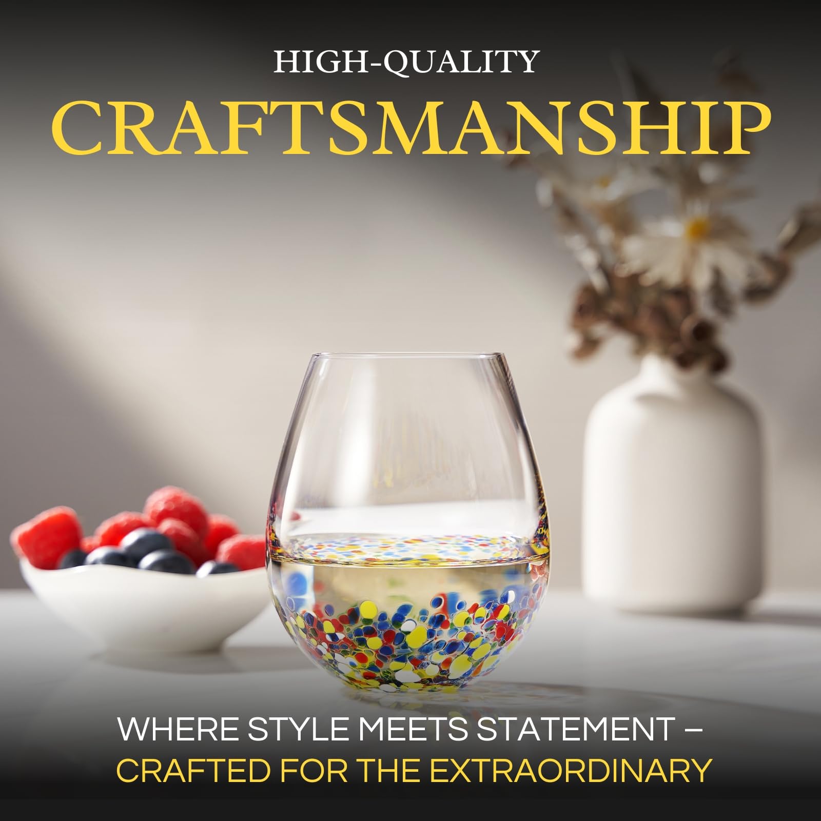 Large Stemless Wine Glasses – Set of 2-14oz Luxury Hand Blown Confetti Margaritas, Martini, Cocktails, Water, Wine, Dessert & Champagne Glasses Cinco de Mayo, Hand Blown - Mexican Confetti Glass-4