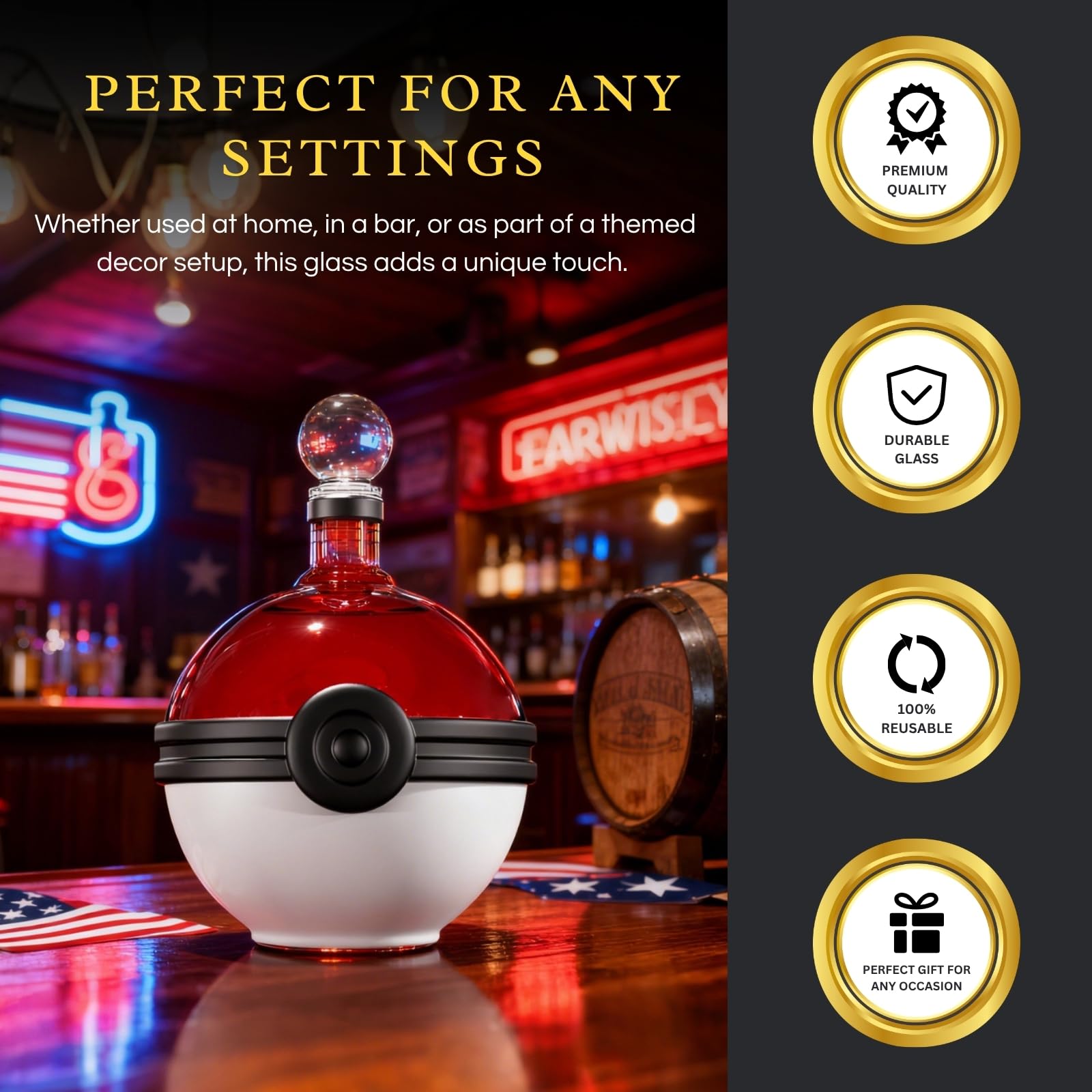 Monster Trainer Capture Sphere Whiskey, Wine Decanter Red White Glass Liquor Bottle 18.6oz Premium Borosilicate Display Piece | Gamer Collectible Barware Gift for Anime Theme Fans & Collectors, Gifts