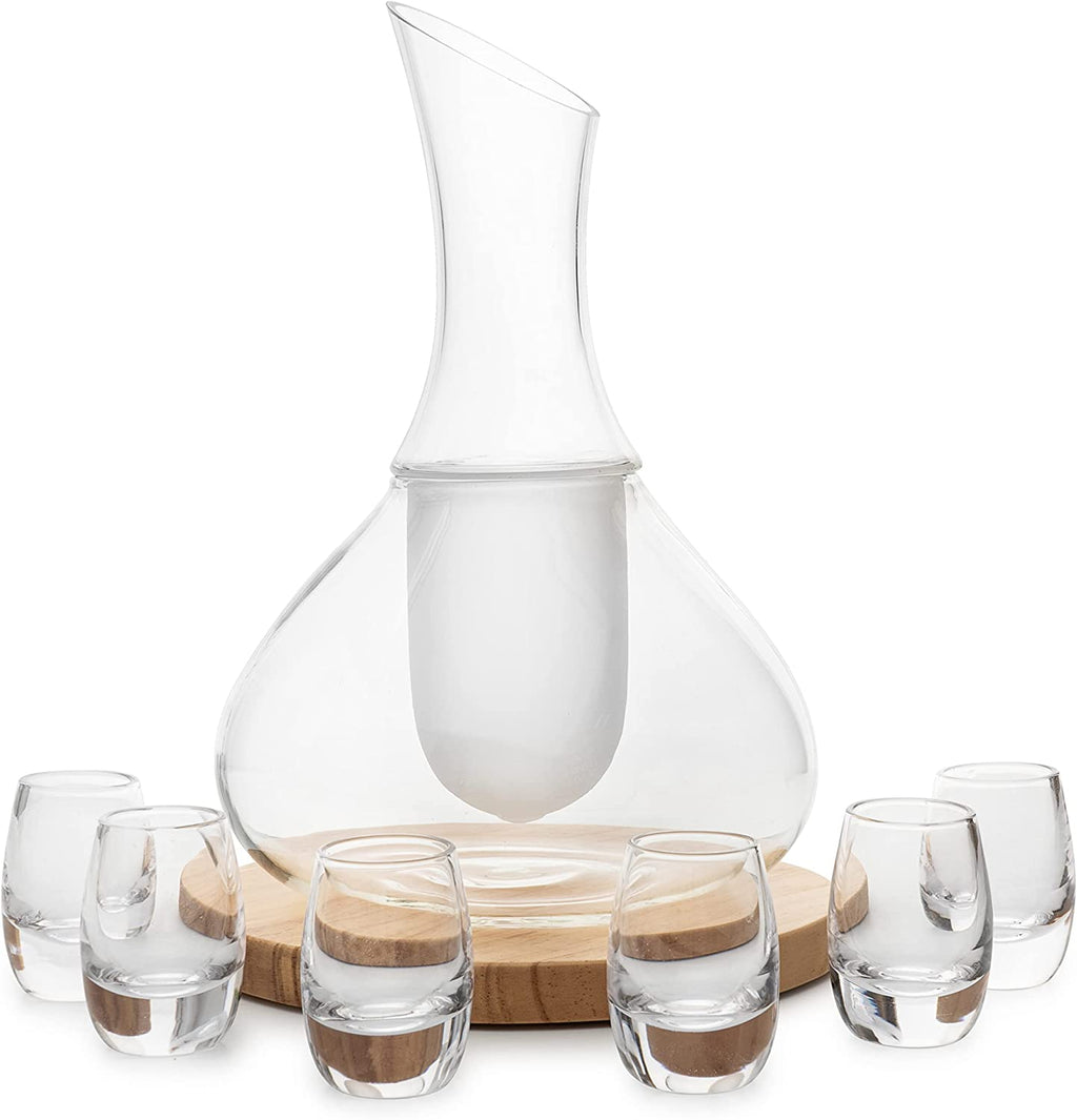 Sake Set Glasses Japanese, 15 Ounce, With 6-1oz Crystal Saki Cups Set, for Warmer or Cold Japanese Wine Drinking with a Wooden Stone Coaster by The Wine Savant, Cups & Carafe Japanese Gifts Set-4