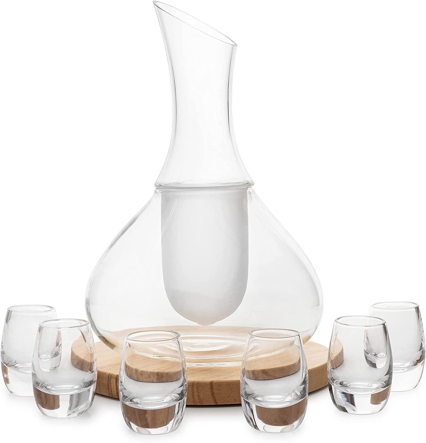 Sake Set Glasses Japanese, 15 Ounce, With 6-1oz Crystal Saki Cups Set, for Warmer or Cold Japanese Wine Drinking with a Wooden Stone Coaster by The Wine Savant, Cups & Carafe Japanese Gifts Set-4