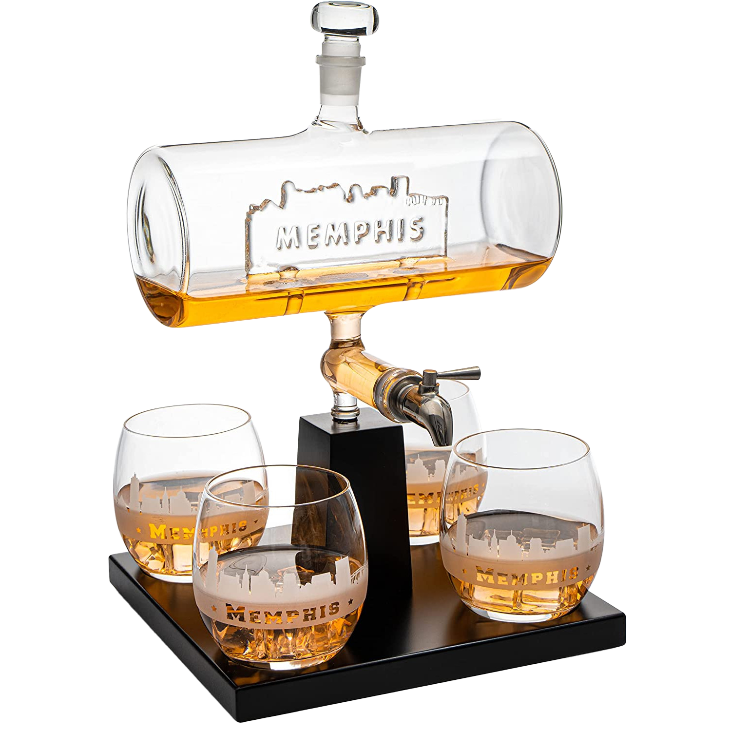 Whiskey Decanter Set with 4 Glasses - 1100ml Barrel Design