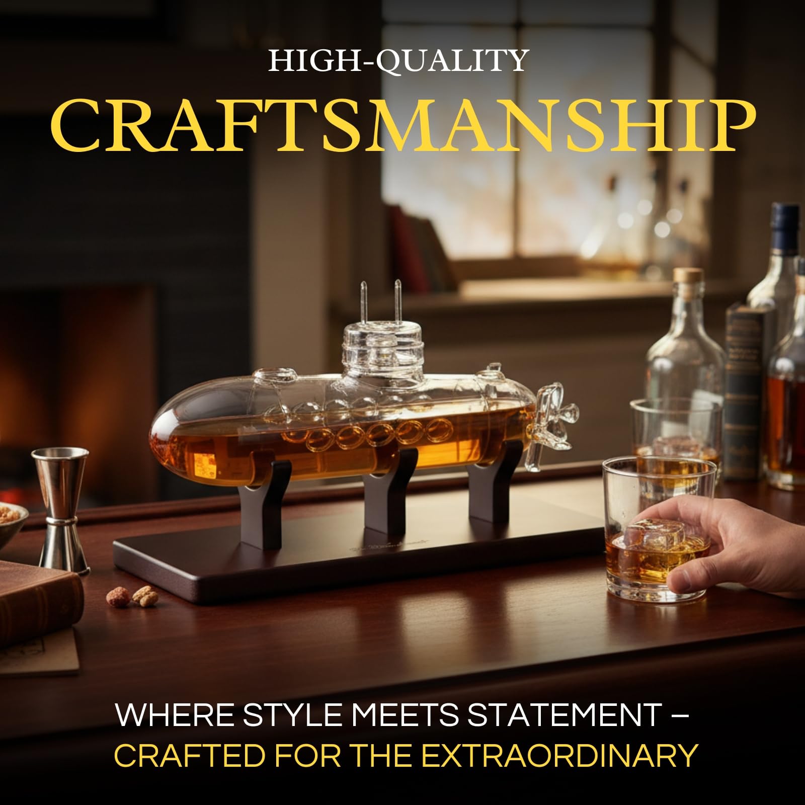 Submarine Whiskey & Wine Decanter Set - Wood Base 25oz Crystal Dispenser Navy Nautical Naval Maritime Anniversary Birthday Gifts for Men Who Have Everything Holiday Gifts for Father Husband Boyfriend-4