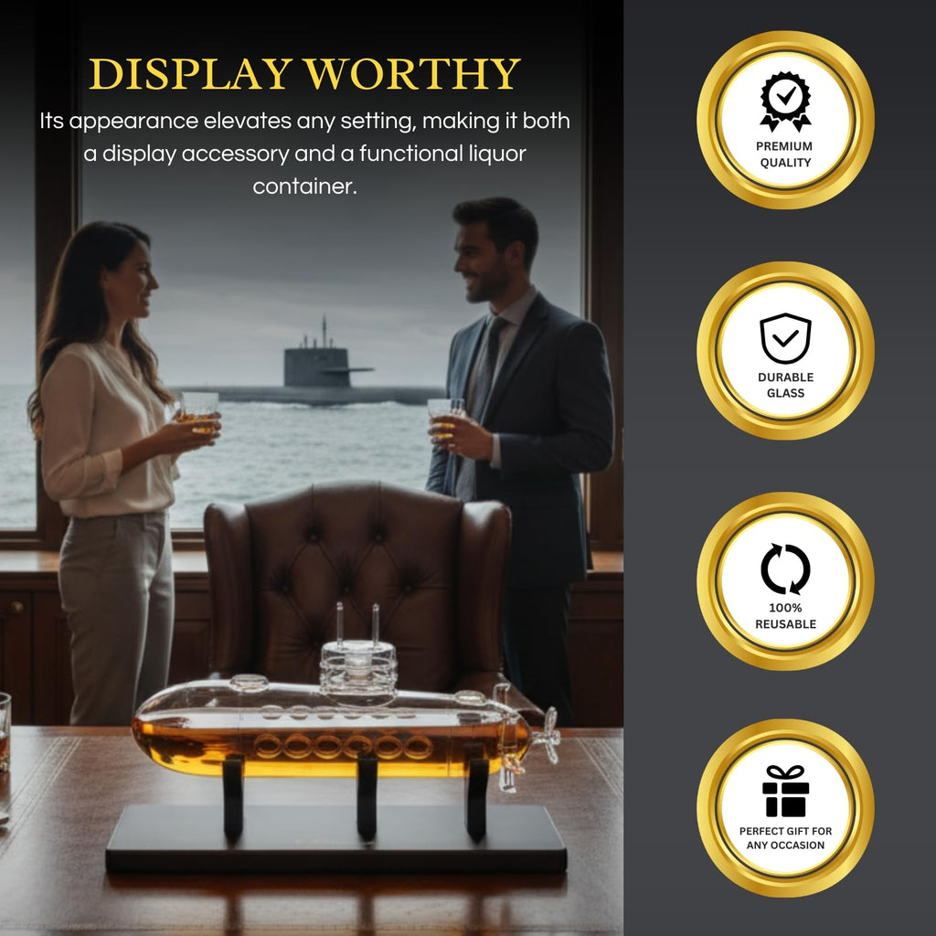 Submarine Whiskey & Wine Decanter Set - Wood Base 25oz Crystal Dispenser Navy Nautical Naval Maritime Anniversary Birthday Gifts for Men Who Have Everything Holiday Gifts for Father Husband Boyfriend-3