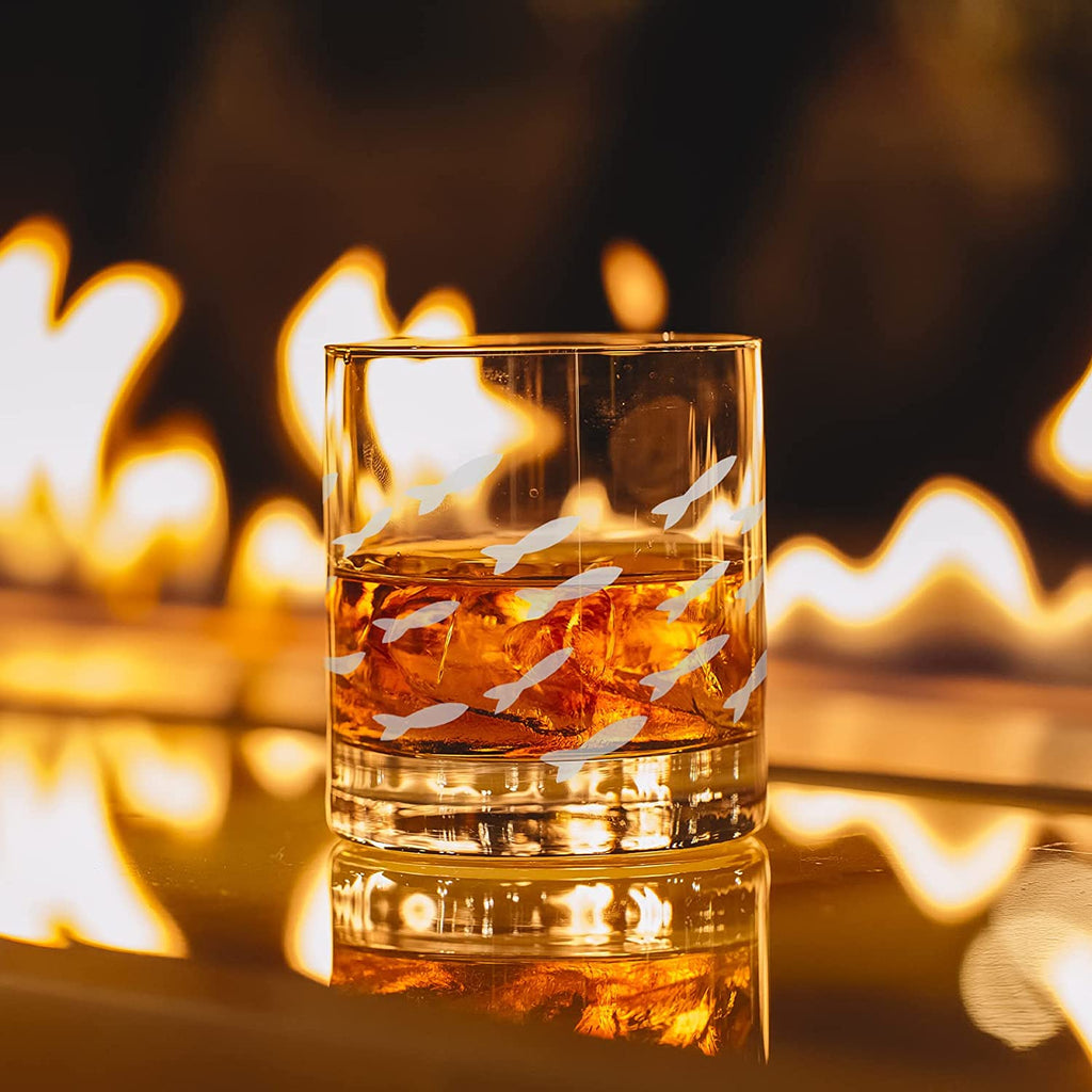 Fish Etched Old Fashioned Whiskey Glasses Set - Sand Etched Barware