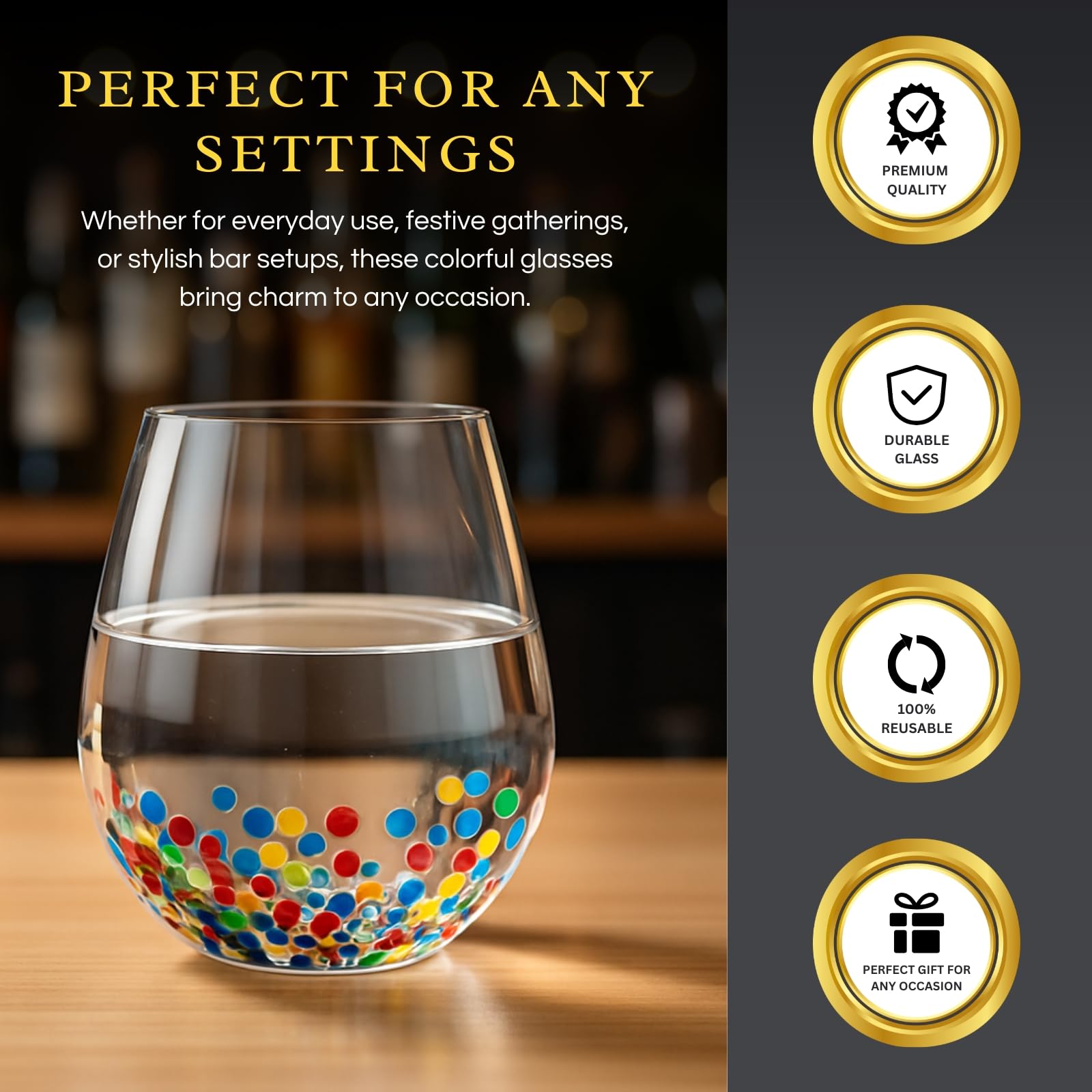 Large Stemless Wine Glasses – Set of 2-14oz Luxury Hand Blown Confetti Margaritas, Martini, Cocktails, Water, Wine, Dessert & Champagne Glasses Cinco de Mayo, Hand Blown - Mexican Confetti Glass-3