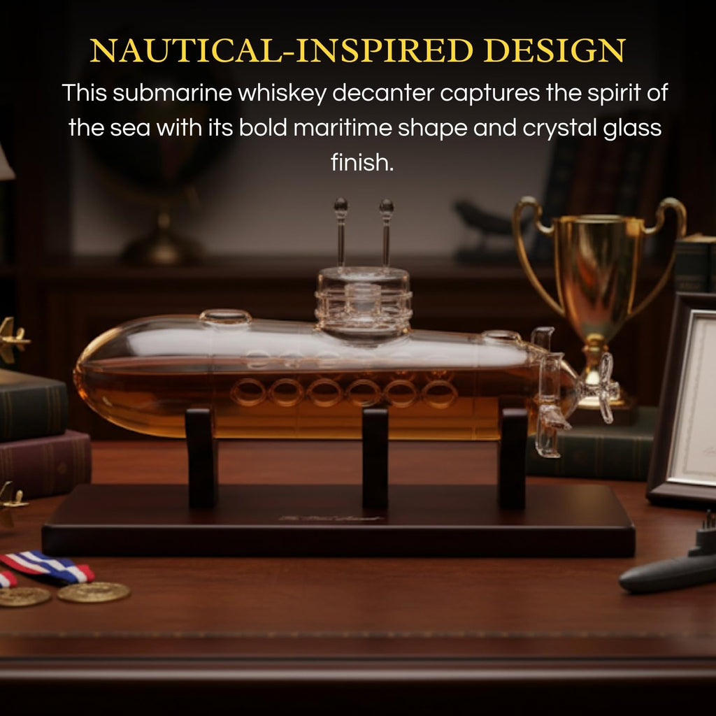 Submarine Whiskey & Wine Decanter Set - Wood Base 25oz Crystal Dispenser Navy Nautical Naval Maritime Anniversary Birthday Gifts for Men Who Have Everything Holiday Gifts for Father Husband Boyfriend-2