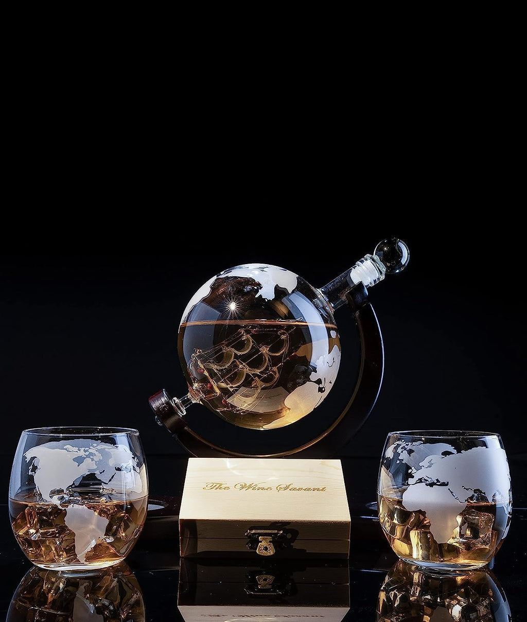 Globe Whiskey Decanter Set with 2 Etched Glasses - 850ml
