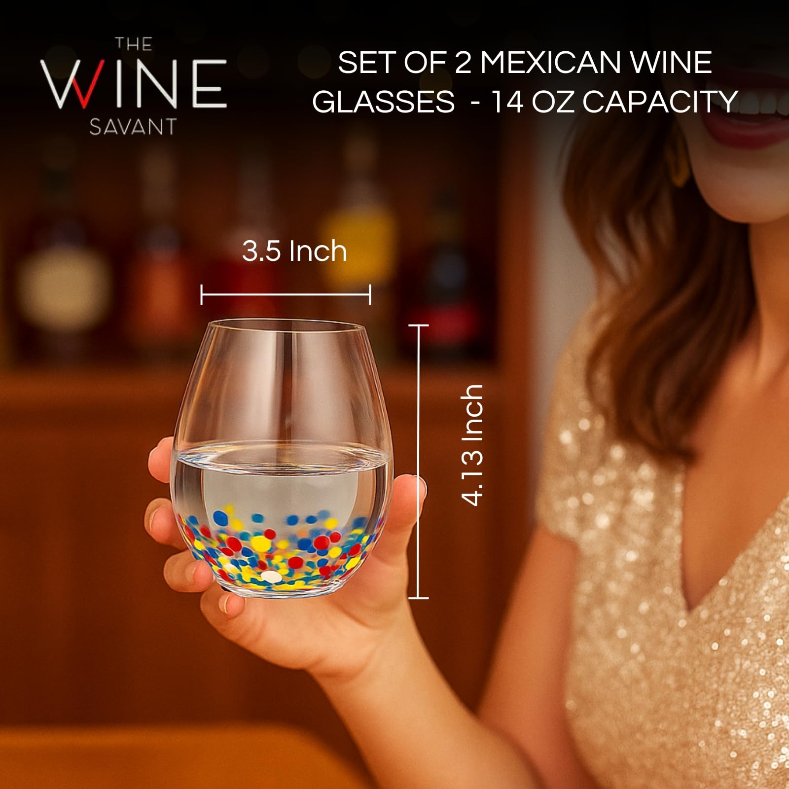 Large Stemless Wine Glasses – Set of 2-14oz Luxury Hand Blown Confetti Margaritas, Martini, Cocktails, Water, Wine, Dessert & Champagne Glasses Cinco de Mayo, Hand Blown - Mexican Confetti Glass-1