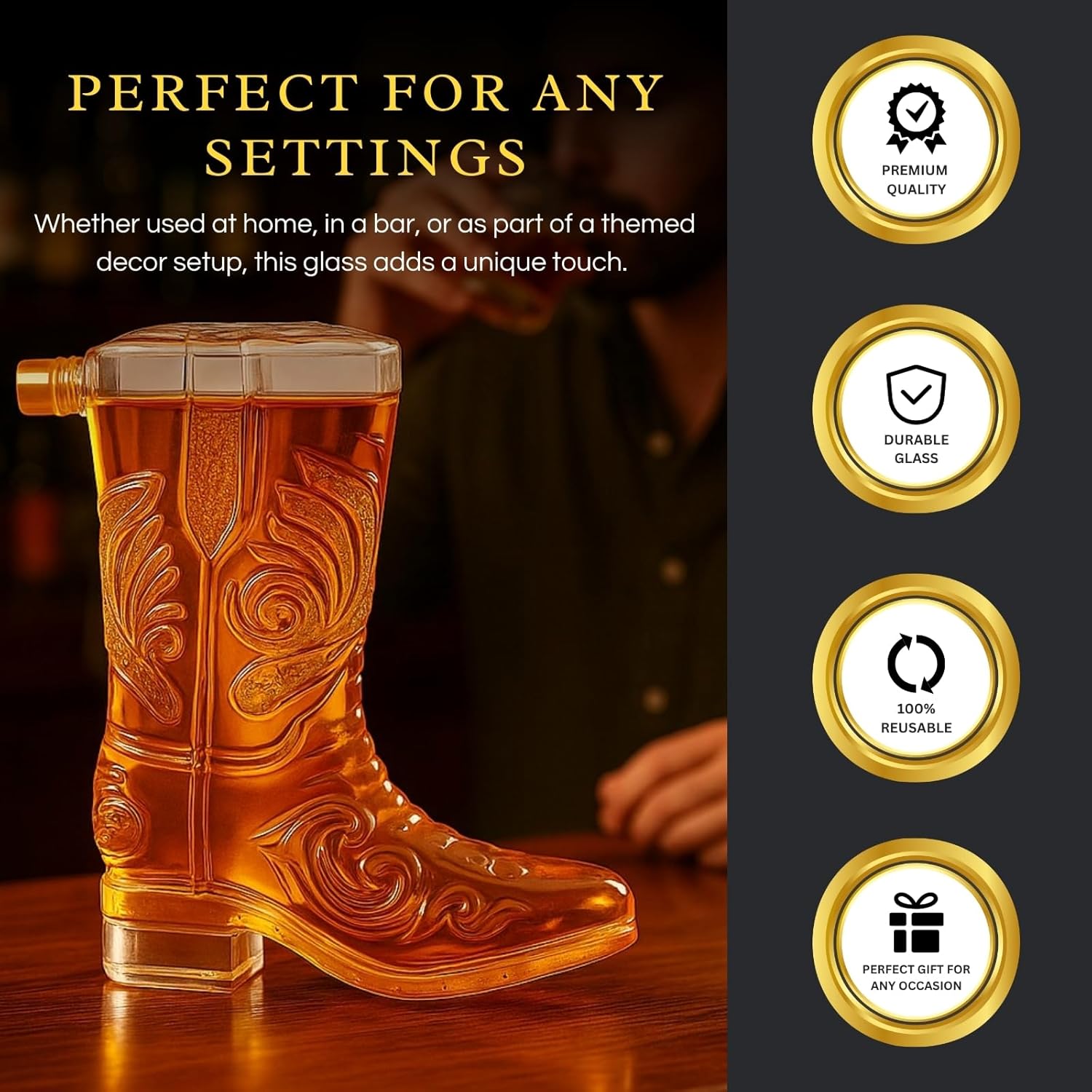 Western Cowboy Boot Whiskey Decanter 27oz – Unique Handcrafted Glass Liquor Bottle, Collectible Barware Birthday, Christmas, Gift for Men, Dad, Husband, Bourbon, Tequila, Scotch, Fathers Day, Home Bar
