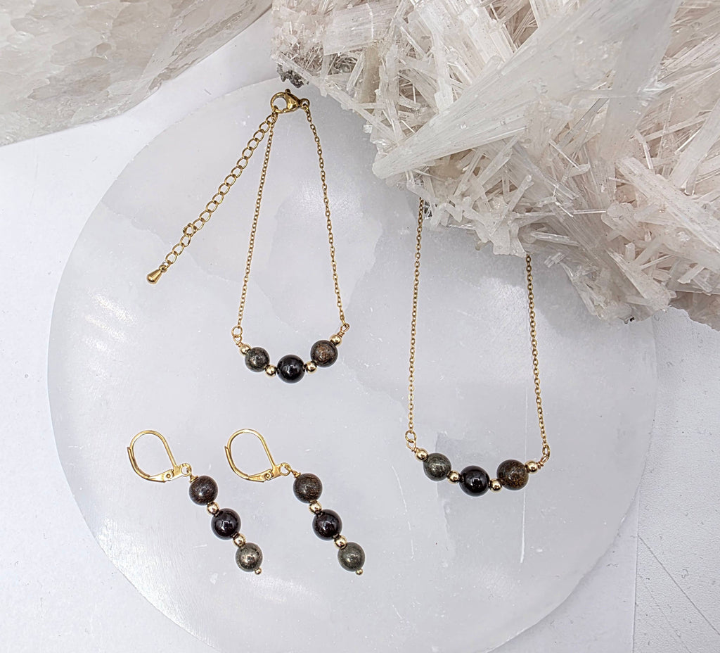 STAY IN MY POWER - Pyrite, Bronzite, Garnet Jewelry Set
