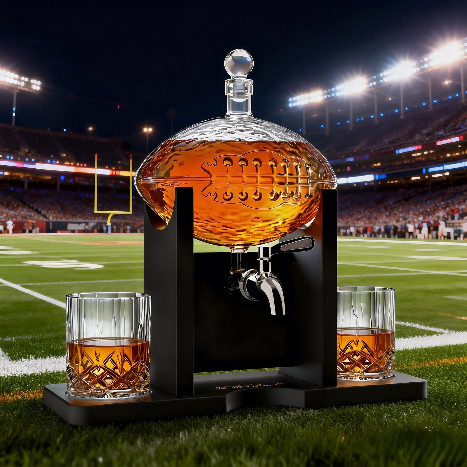 The Wine Savant Football Gifts for Men Dad - Decanter with Mahogany Holder Field Goal Holder + 4 Glasses & Footballs Chillers - Birthday Bar from Daughter Son, Retirement, Father, Him Brother