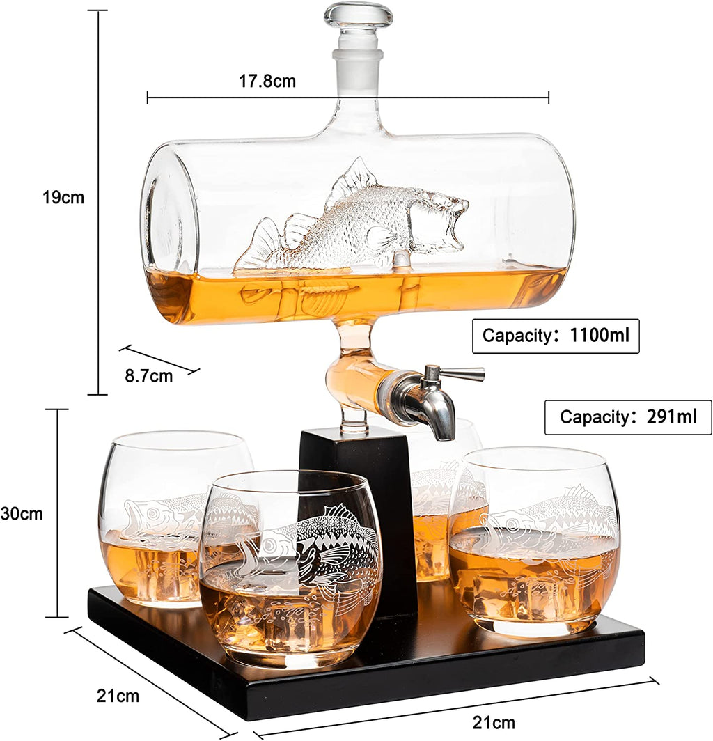 Bass Fish Whiskey Decanter Set - 1100ml Decanter with 4 Glasses for Fishermen
