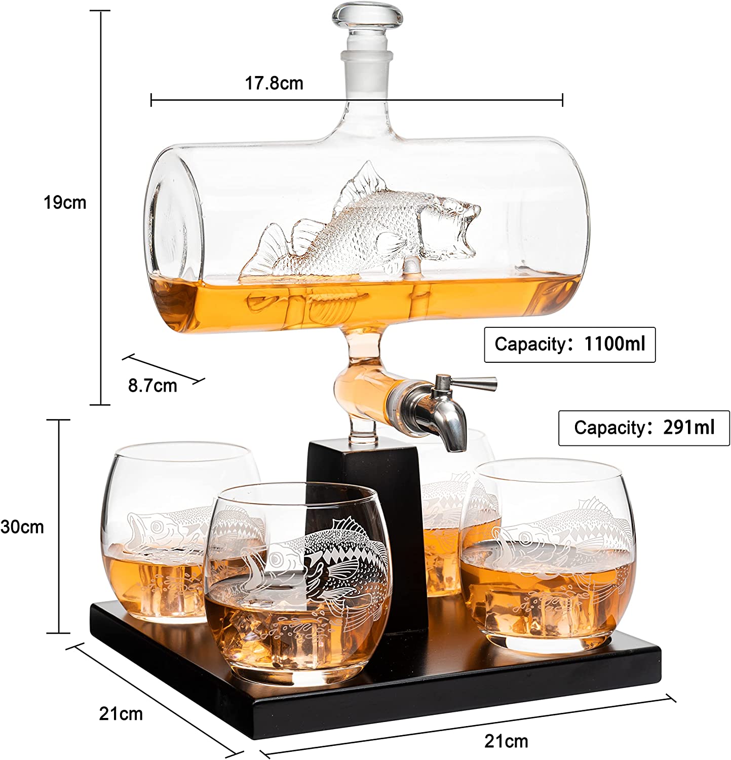 Bass Fish Whiskey Decanter Set - 1100ml Decanter with 4 Glasses for Fishermen