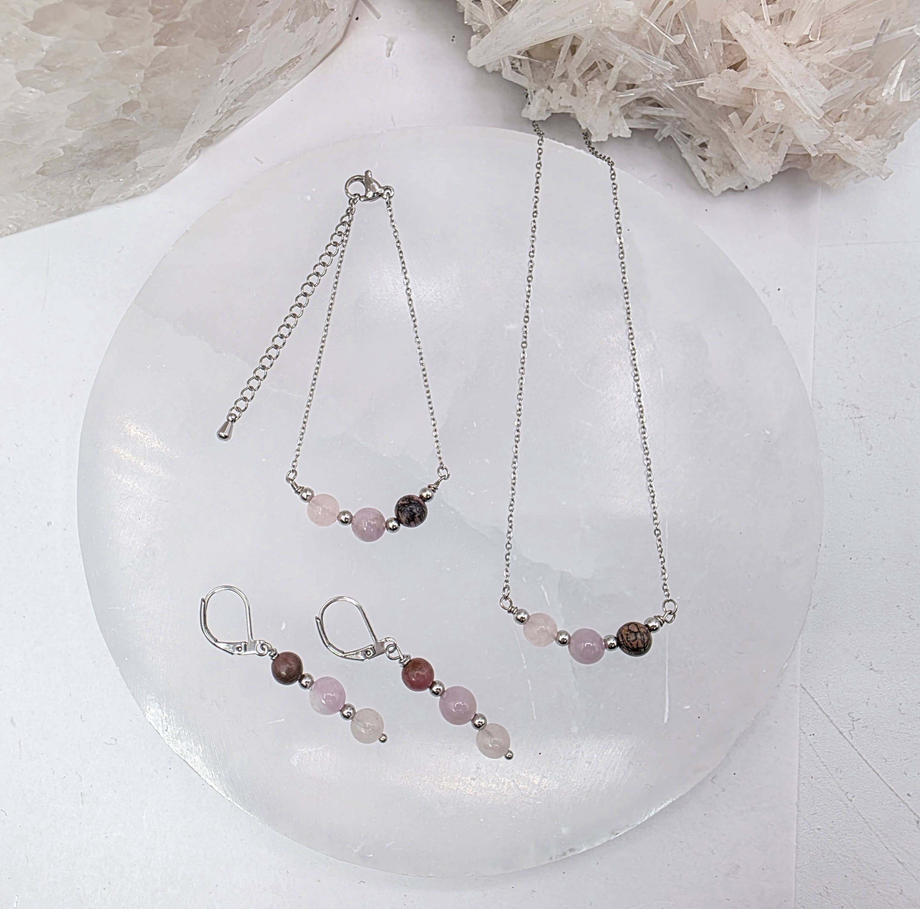 I AM ENOUGH -Kunzite, Rose Quartz, Rhodonite Gem Jewelry Set