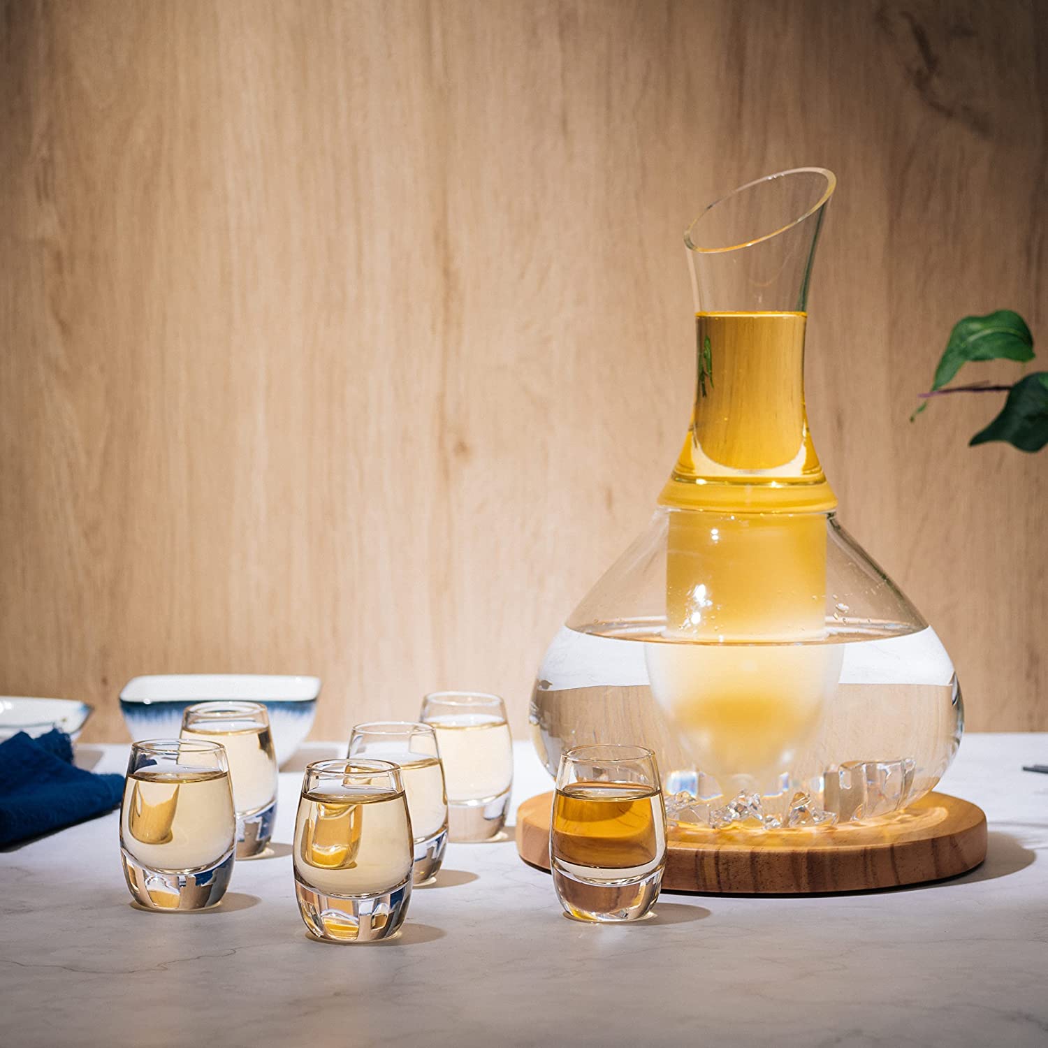 Sake Set Glasses Japanese, 15 Ounce, With 6-1oz Crystal Saki Cups Set, for Warmer or Cold Japanese Wine Drinking with a Wooden Stone Coaster by The Wine Savant, Cups & Carafe Japanese Gifts Set-1