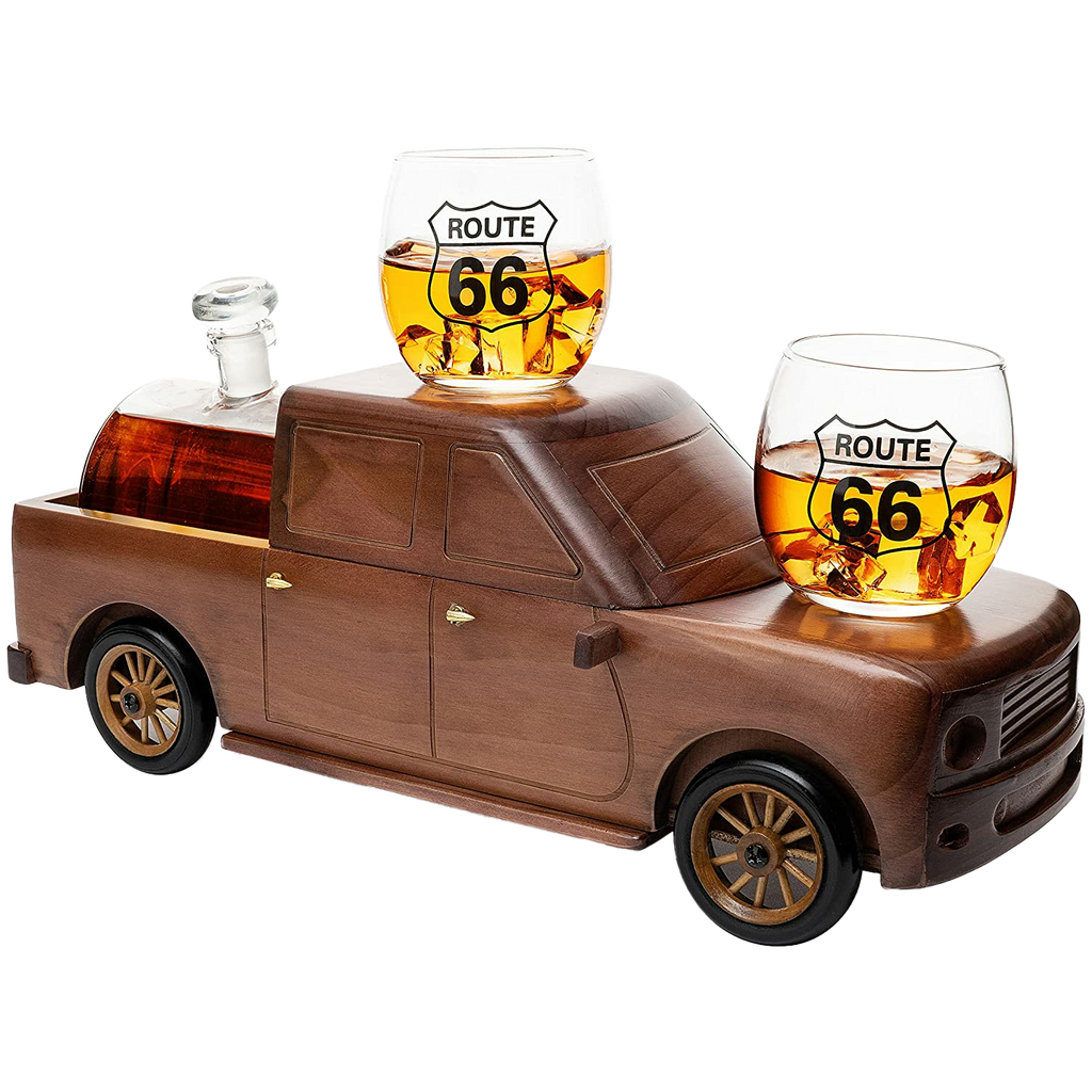 Pickup Truck Wine & Whiskey Decanter -500 ml & Two 12 Oz Route 66 Glasses The Wine Savant - Alaska Gifts, Dad Driver Trucker Gifts, Truck, Truck Decor, Gifts for Car Enthusiasts-0