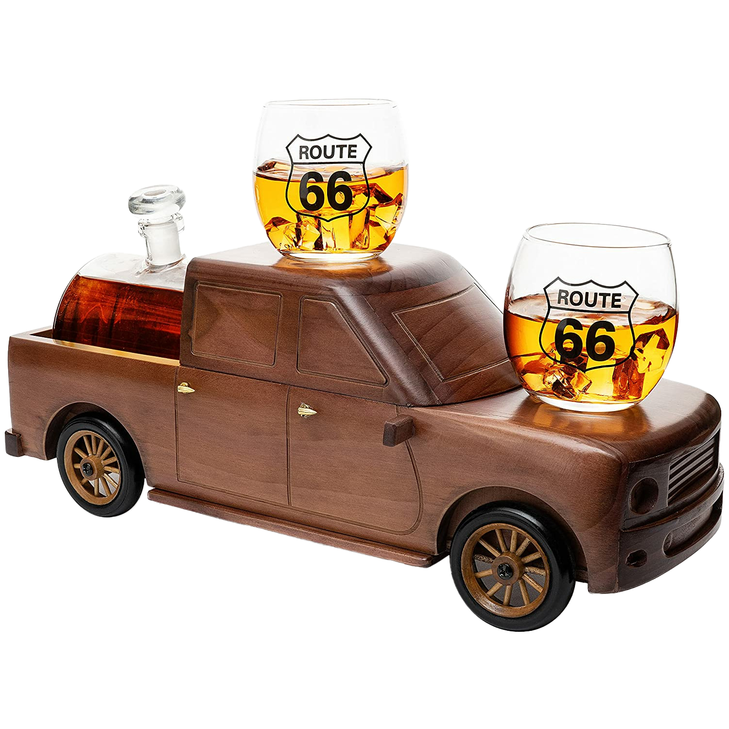 Pickup Truck Wine & Whiskey Decanter -500 ml & Two 12 Oz Route 66 Glasses The Wine Savant - Alaska Gifts, Dad Driver Trucker Gifts, Truck, Truck Decor, Gifts for Car Enthusiasts-0