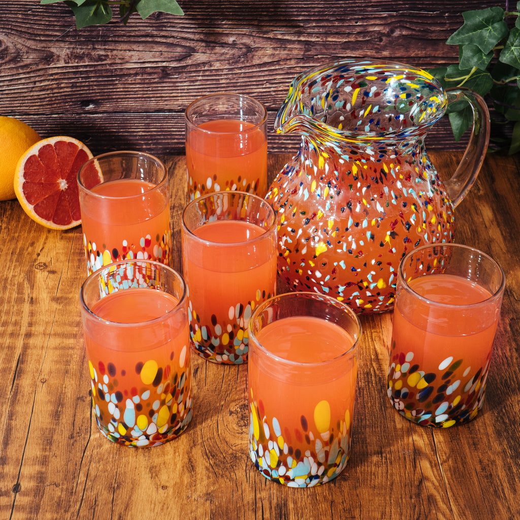 Hand Blown Mexican Confetti Pitcher & Glasses Set - 7 Piece