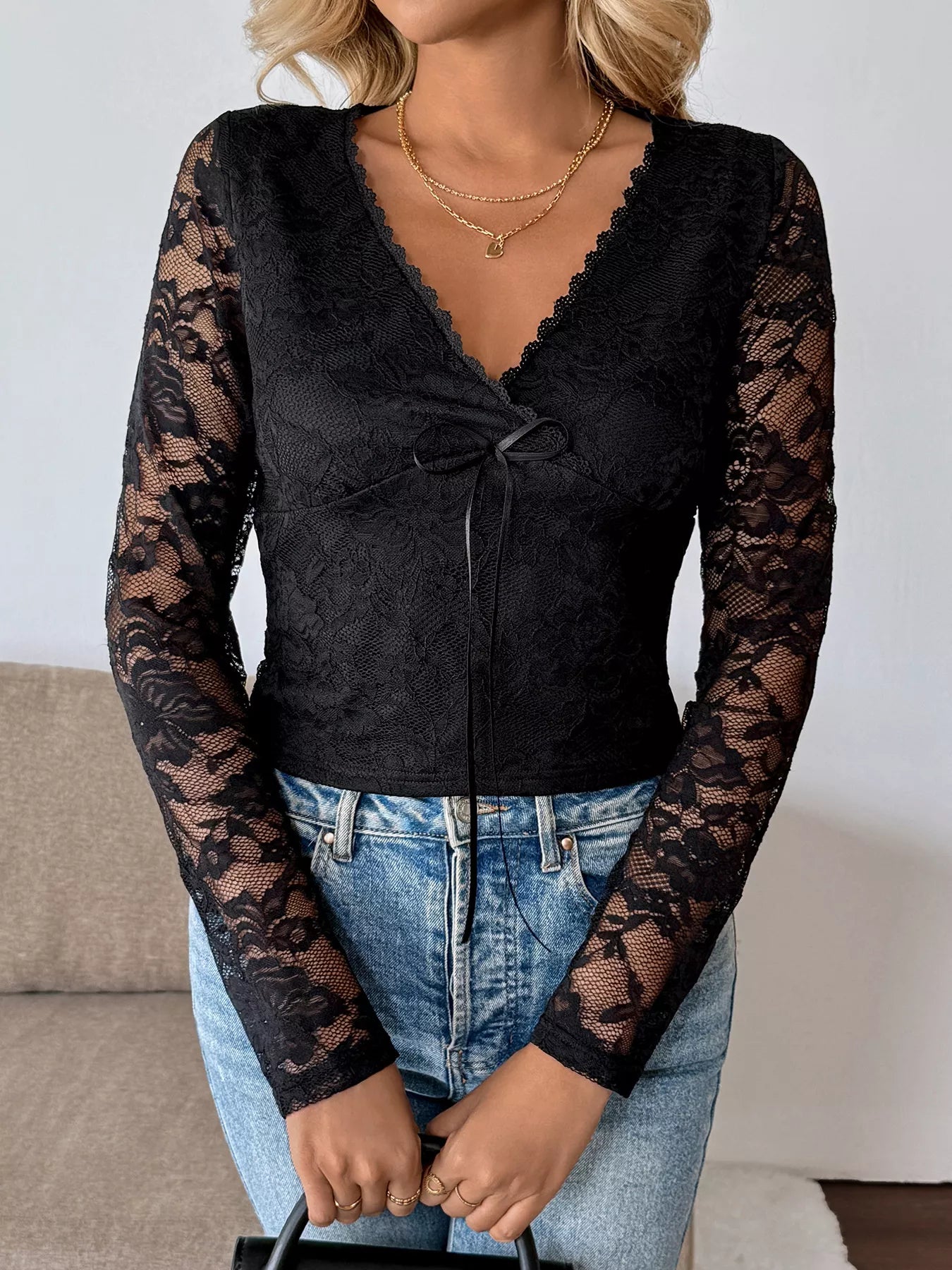 Lace V-Neck Long Sleeve Top