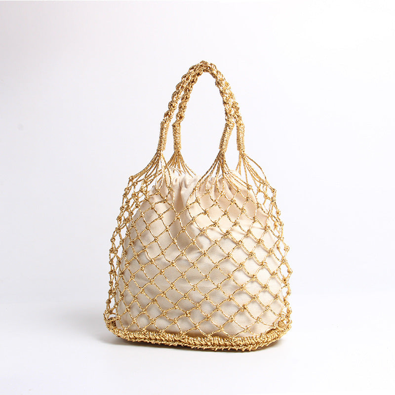 Gold Silver Color Hollow Out Cutout Portable Straw Weaved Bag Hand Carrying Woven Bag Vacation Beach Bag Women Bag