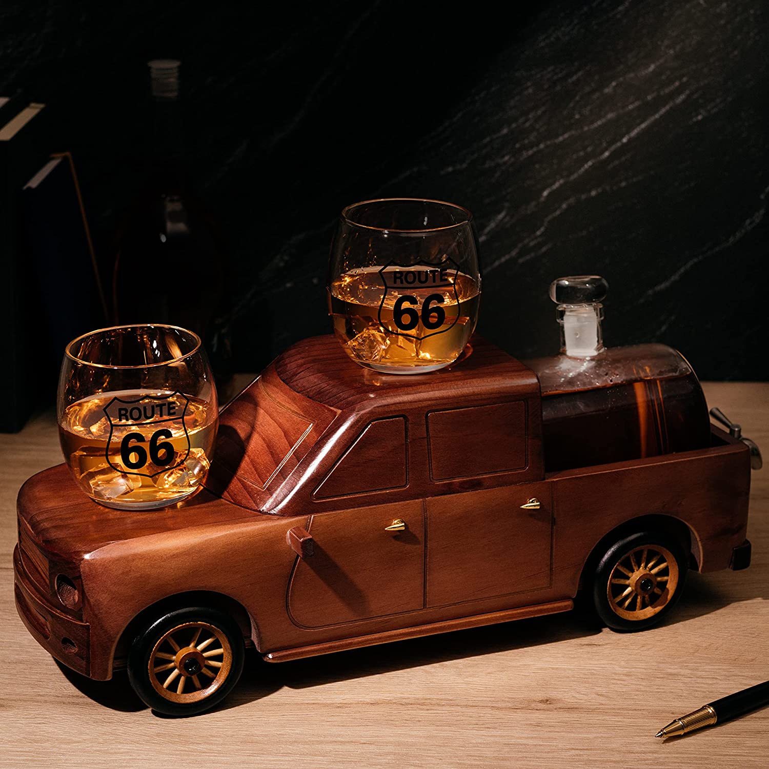 Pickup Truck Wine & Whiskey Decanter -500 ml & Two 12 Oz Route 66 Glasses The Wine Savant - Alaska Gifts, Dad Driver Trucker Gifts, Truck, Truck Decor, Gifts for Car Enthusiasts-2