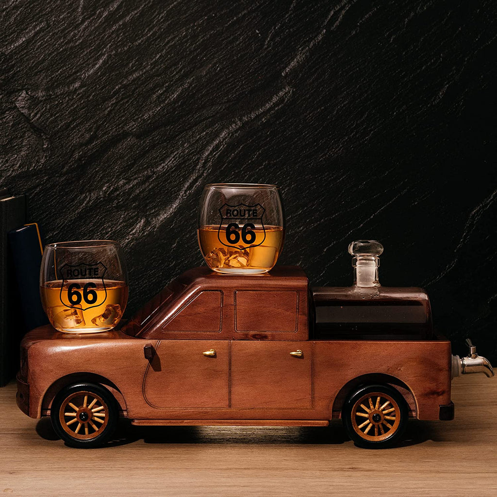 Pickup Truck Wine & Whiskey Decanter -500 ml & Two 12 Oz Route 66 Glasses The Wine Savant - Alaska Gifts, Dad Driver Trucker Gifts, Truck, Truck Decor, Gifts for Car Enthusiasts-1