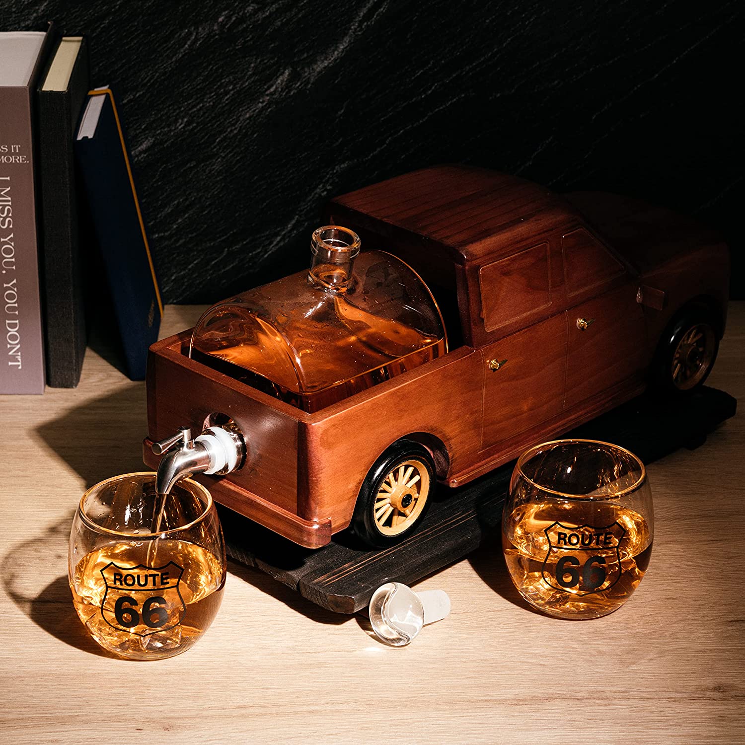 Pickup Truck Wine & Whiskey Decanter -500 ml & Two 12 Oz Route 66 Glasses The Wine Savant - Alaska Gifts, Dad Driver Trucker Gifts, Truck, Truck Decor, Gifts for Car Enthusiasts-4